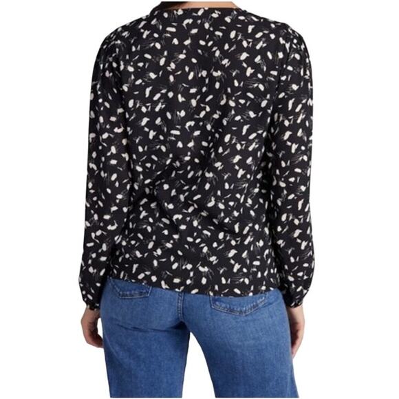 LUSH Geometric V-Neck Button Down Loose Fit Blouse Long Sleeve Top Black Medium - Picture 2 of 13